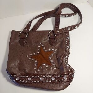 CW Brown Rhinestone Studded Handbag Purse Textured Faux Leather Fur Star Western